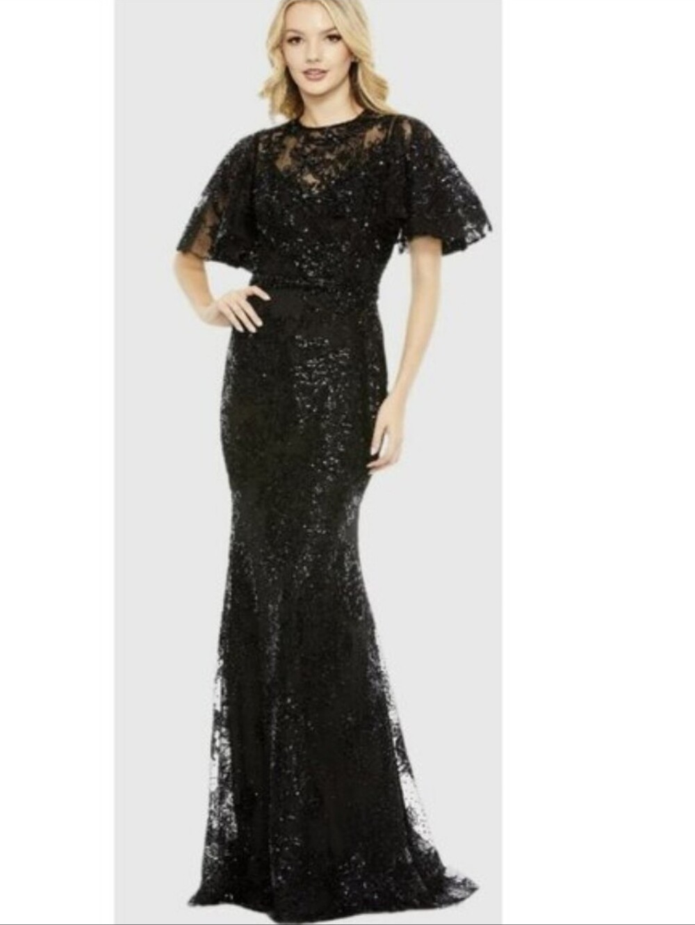 NWT $898 Mac Duggal [ 6 ]20438 Embellished FlutterSleeve High Neck Gown Black